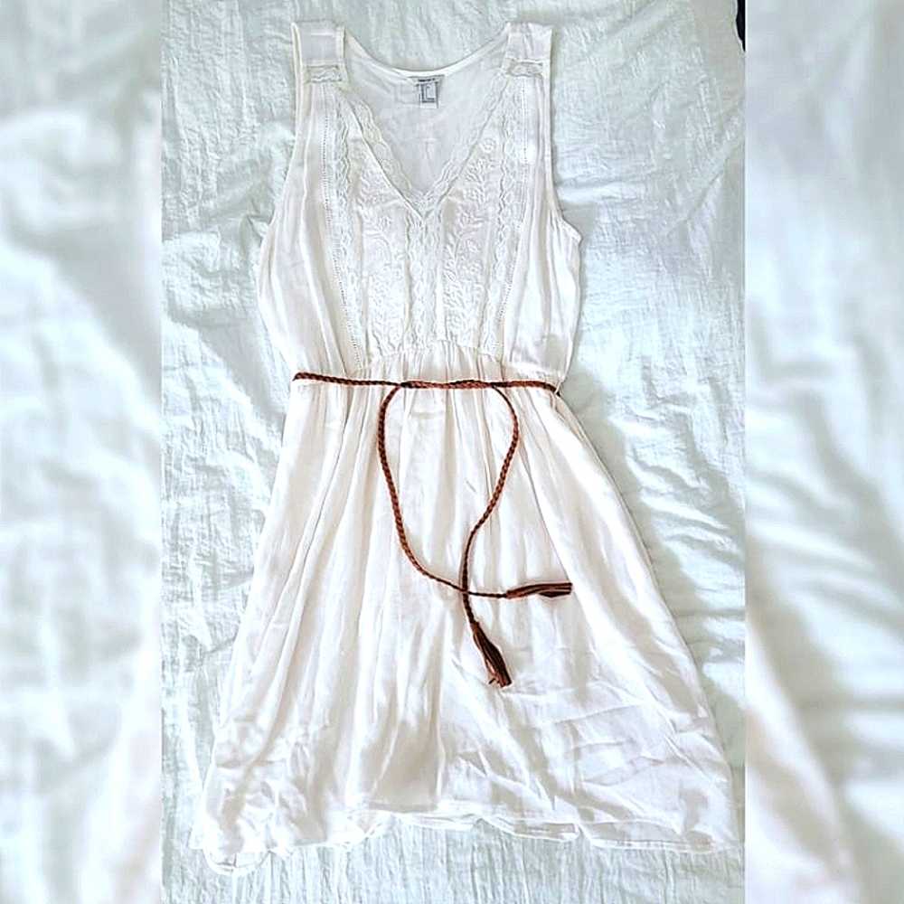 Forever 21 White Linen Gauze Lace Mini Dress (L)
